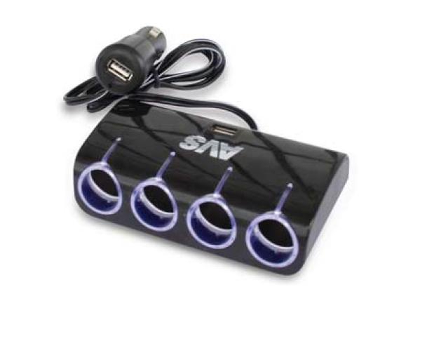 Разветвитель прикуривателя AVS CS410U на 4 порта и 2 USB