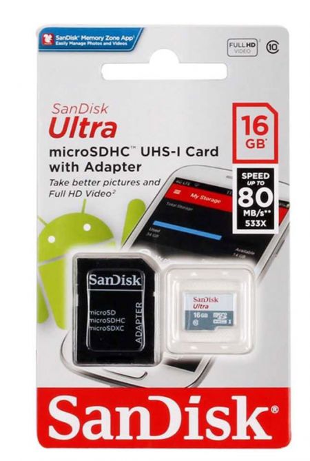 Карта памяти SanDisk MicroSD 16GB Class 10 Ultra (80 Mb/s) с адаптером